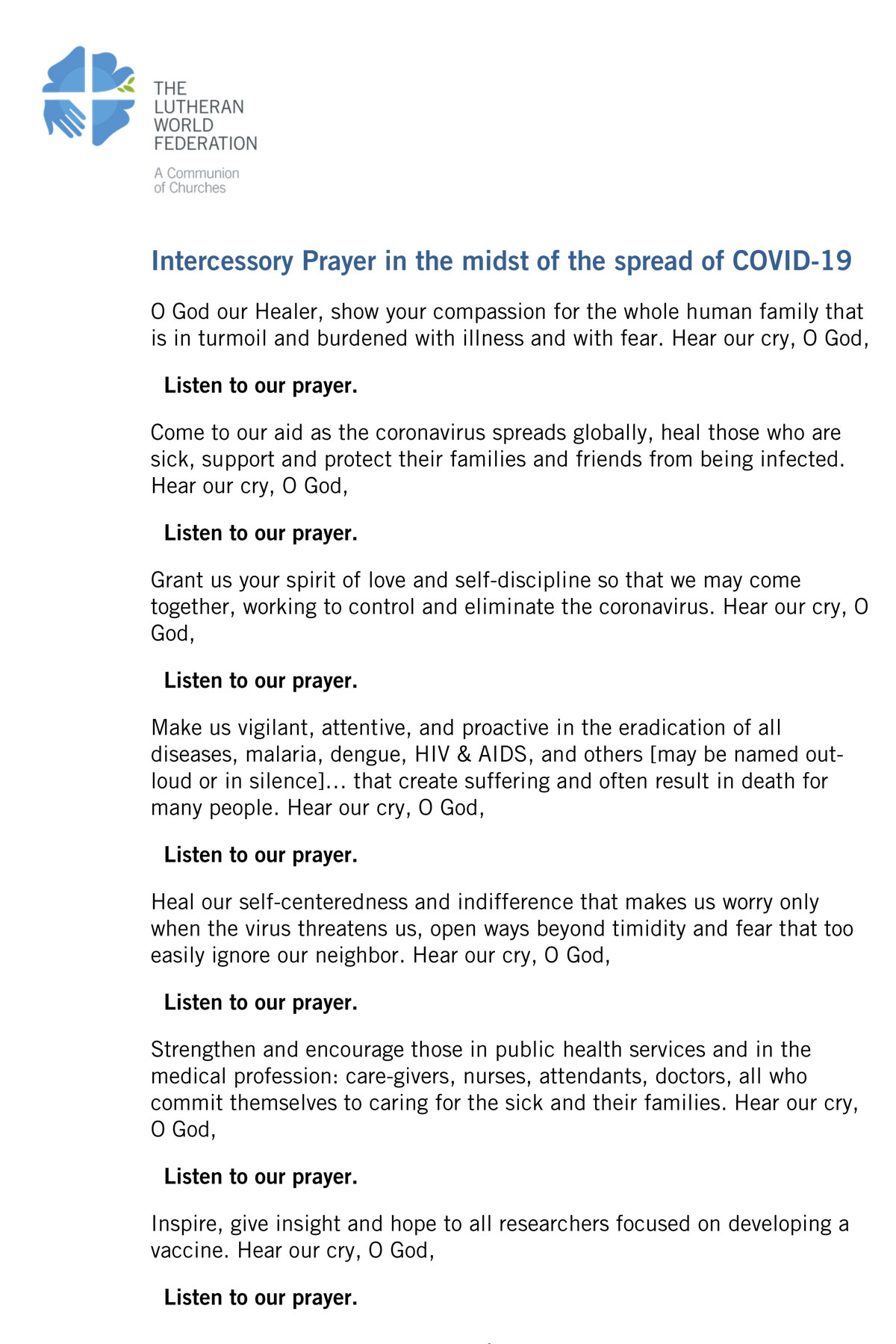 Intercessory Prayer in the midst of the spread of COVID-19