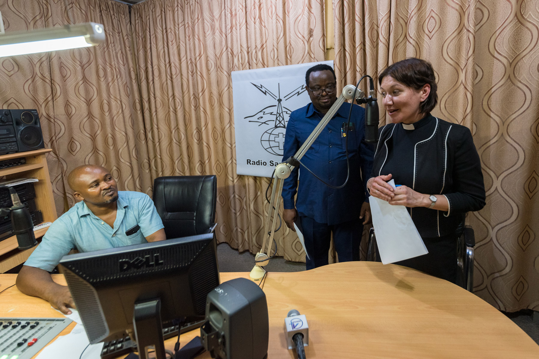 LWF General Secretary Rev. Anne Burghardt shares a greeting with listeners to the Evangelical Lutheran Church in Tanzania’s Radio Voice of the Gospel during live broadcast from the studio in Moshi on 26 March.