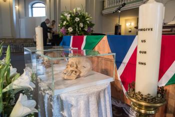 Marking the occasion of the return of mortal remains taken from Namibia to Germany during the colonial period, a commemorative service was held in Berlin, Germany, by the Evangelical Church in Germany (EKD) and the Council of Churches in Namibia. Photo: EKD/Christian Ditsch