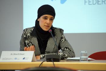 Dr. Dina El-Omari, Centre for Islamic Theology (ZIT) Münster, gives a welcome address at the Christian-Muslim consultation "Creating Public Space.” Photo: LWF/E. Gano