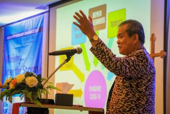Bishop Tuhoni Telaumbanua of the Protestant Christian Church (BNKP) in Indonesia leads reflections on post-pandemic ministry at Asia Church Leadership Conference in Bangkok. Photo: J.C. Valeriano