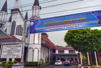 Welcome banner outside the Simalungun Protestant Christian Church in Pematang Siantar in North Sumatra, where participants at the 2 -8 October Asia Church Leadership Conference will gather for Sunday worship. Photo: B. Nahampun