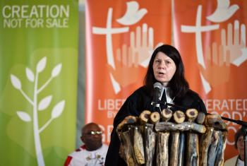 Rev. Dr Elena Bondarenko from the Evangelical Lutheran Church in European Russia, preaching at the opening worship of the Lutheran World Federation's Twelfth Assembly on 10 May 2017, Windhoek, Namibia. Photo: LWF/Albin Hillert