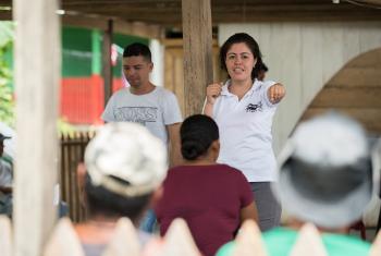 The peacebuilding work of the Evangelical Lutheran Church of Colombia includes supporting ex-combatants to reintegrate into society. Sociologist Ana Eloísa Gómez, leading a workshop in San José de Leó, in the northwestern department of Antioquia, in 2018. Photo: LWF/Albin Hillert