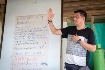 Edwin Mosquera leads a workshop on forgiveness and reconciliation as part of the ‘From War to Peace’ project of the Evangelical Lutheran Church in Colombia which supports three communities in the northwest Antioquia region. Photo: LWF/A. Hillert