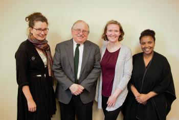 Visiting the Lutheran office in New York, Helena Funk (third from left) received valuable tips on climate advocacy from Rebekka Pohlmann, Germany; Dennis Frado, LWF’s representative at the UN headquarters; and Christine Mangale, LOWC program director. Photo: Doug Hostetter