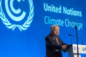 United Nations Secretary-General António Guterres addresses COP26 delegates during a UN High-Level Event for Global Climate Action – “Racing to a Better World” – at COP26. Photo: LWF/Albin Hillert