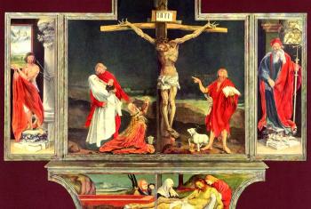 The Isenheim Altarpiece painted by Matthias Grünewald in 1512–1516 showing Jesus' crucifiction. It was Grünewald's greatest and largest work, painted for the Monastery of St Anthony in Isenheim near Colmar, France. Credit: Public domain