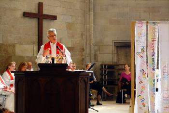 LWF General Secretary Rev. Dr Martin delivers the sermon at the eucharistic service for the 500th anniversary of the Reformation and 50 years of the Federation of Lutheran Churches in Switzerland and the Principality of Liechtenstein. Photo: LWF/A. Danielsson
