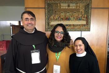 Rev. Karla Steilmann, centre, with Dr. Vidal Rodriguez (Spain) and Nun Aura Guadalupe Ortega (Guatemala), who were both representing the Theological Education Institution. Photo: LWF