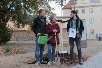 (From left) Sebastian Bugs, Sophie Bimmermann and Lasse Schmidt-Klie, members of the GNC/LWF Youth Committee planted the final tree in Wittenberg’s Luthergarten on Reformation Day. Photo: GNC/LWF / Florian Hübner