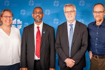 LWF and Islamic Relief Worldwide offered a joint pledge at the Global Refugee Forum in December 2019. From left: Ms Maria Immonen, Director of LWF World Service, Mr. Naser Haghamed, CEO of Islamic Relief Worldwide, Rev. Dr Martin Junge, General Secretary of the LWF, Mr Atallah Fitzgibbon, Faith Partnership Advisor for Islamic Relief Worldwide. Photo: LWF/S. Gallay