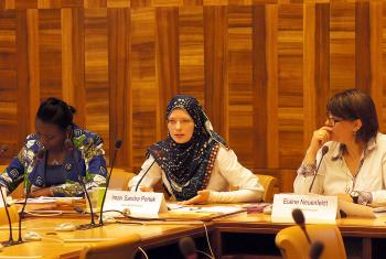 Olga Tshiwewe (WCC), Iman Sandra Pertek (IRW) and Dr Elaine Neuenfeldt (LWF, from left) discuss during the side event on violence against women at the Human Rights Council. Photo: LWF/C.Kästner