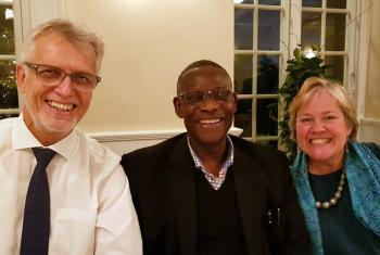 LWF General Secretary Rev. Dr Martin Junge, left, with Archbishop Josiah Idowu-Fearon, General Secretary of the Anglican Communion and the chair of the Conference of Secretaries of Christian World Communions, Gretchen Castle, who also serves as General Secretary of the Friends World Committee for Consultation (Quakers). Photo taken in 2019, before the COVID-19 pandemic. Photo: LWF/Martin Junge 