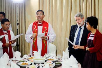 The commemoration of the 500th Reformation anniversary in Myanmar included a worship service, symposium and a common meal in Yangon. From the left: Rev. Peter Hoi Be, Myanmar Lutheran Church general secretary and Bishop Dr Andrew Mang Lone; LWF regional representative for Southeast Asia, Mr David Mueller and Ms Beth Mueller. Photo: LWF Myanmar/Isaac Htun.
