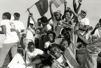 Students celebrate the return of exiled SWAPO leader Sam Nujoma on 14 September 1989