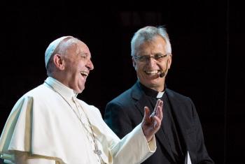 Pope Francis and LWF General Secretary Rev. Dr Martin Junge at the Joint Commemoration of the Reformation in Malmö Arena. Photo: Church of Sweden