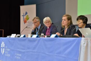 The LWF General Secretary and Council members reflected on the Council at the press conference. From left: General Secretary Martin Junge, Archbishop Antje Jackelén, Anna-Maria Klassen and Eun-hae Kwon. Photo: LWF/Marie Renaux