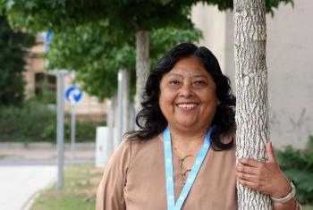 Rev. Adita Torres Lescano, Pastor President of the Lutheran Church of Peru, visiting the tree planted by representatives of her church in the Luthergarten in Wittenberg. This Reformation 2017 project symbolizes the ecumenical relationships of Christian churches worldwide through 500 trees creating a living memorial. Photo: LWF/A. Weyermüller