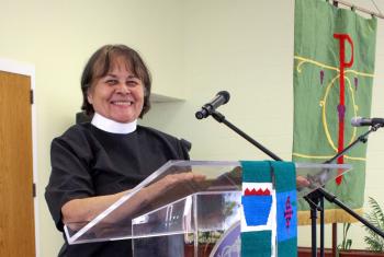 Rev. Joann Conroy, an Oglala Sioux woman, explains how the church might learn to care for creation from Indigenous people around the world. Photo: ELCA
