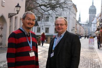 Prof. Dr Karl-Wilhelm Niebuhr, on the right and Rev. Dr Sivin Kit, at his left, lecturest at the 17th International Theological Seminar, taking place in Wittenberg, Germany. Photo: LWF