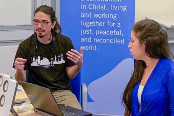 At the 2019 Peace Messengers international training workshop in Tallinn, Estonia, Juan Carlos Orantes Rodríguez (left) and Oneyda Elizabeth Fuentes Rivera, sharing about the church’s role in peacebuilding in El Salvador. Photo: LWF/S. Kit