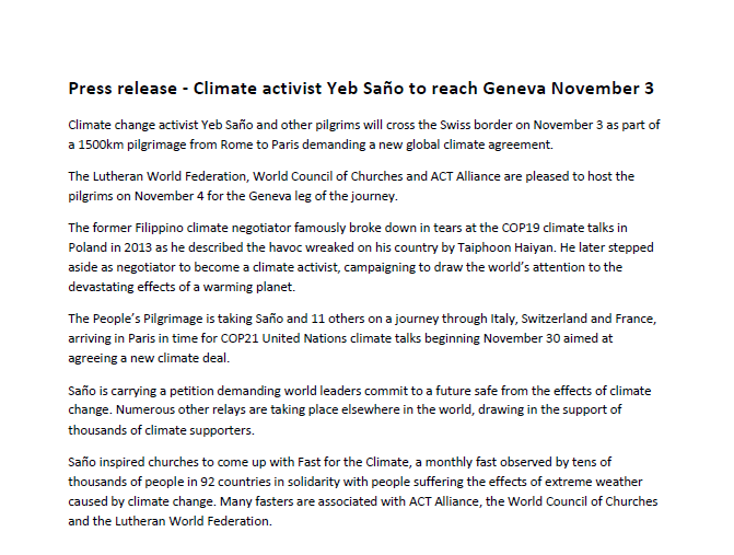 Climate activist Yeb Saño to reach Geneva November 3