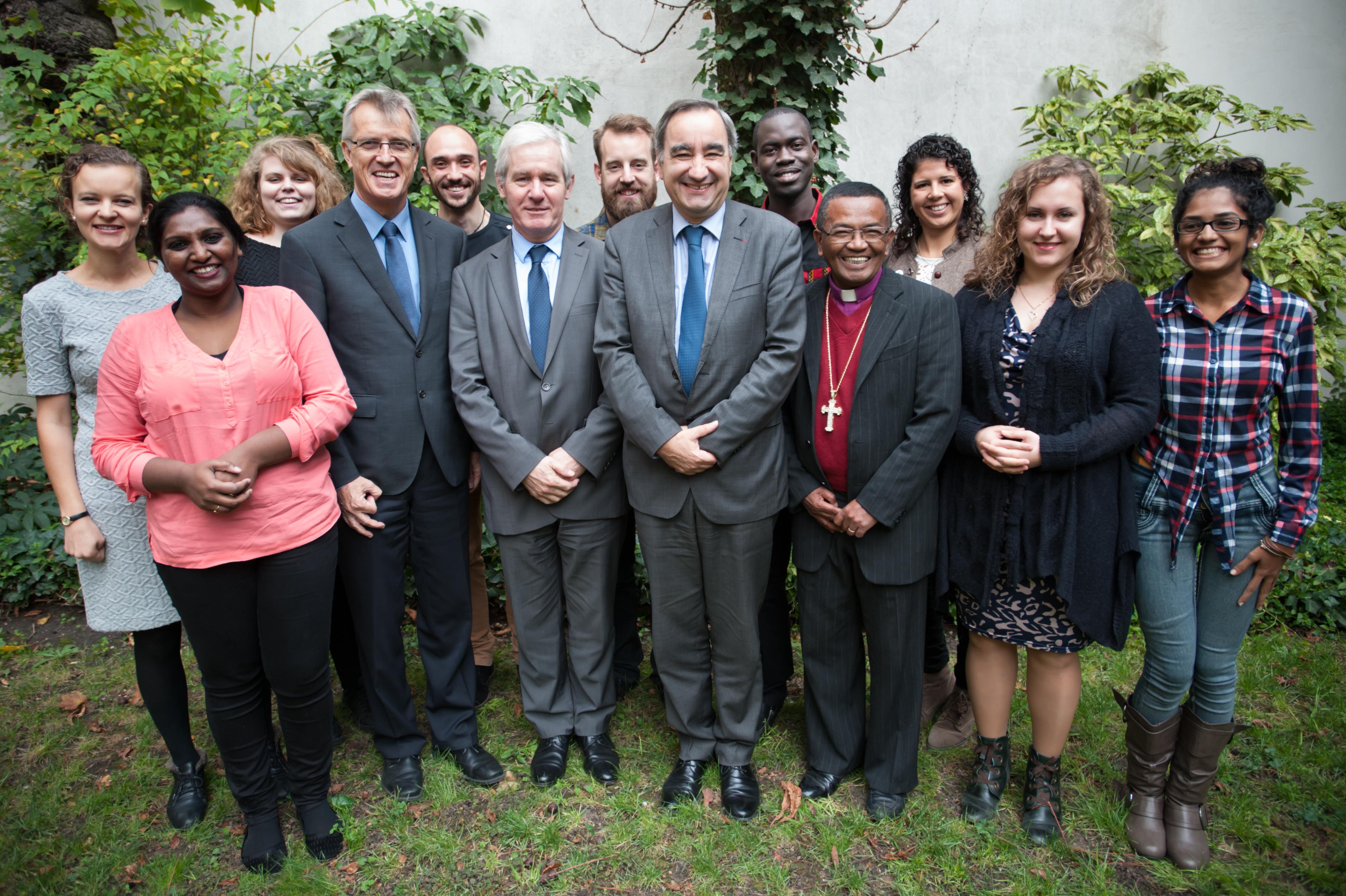 Leaders of Protestant churches in France, Rev. Laurent Schlumberger, Rev. FranÃ§ois Clavairoly and Rev. Dr Jean Ravalitera meet LWF General Secretary Rev. Dr Martin Junge (fourth from left) and the COP21 LWF delegtation, in Paris. Photo: LWF/Ryan Rodrick Beiler