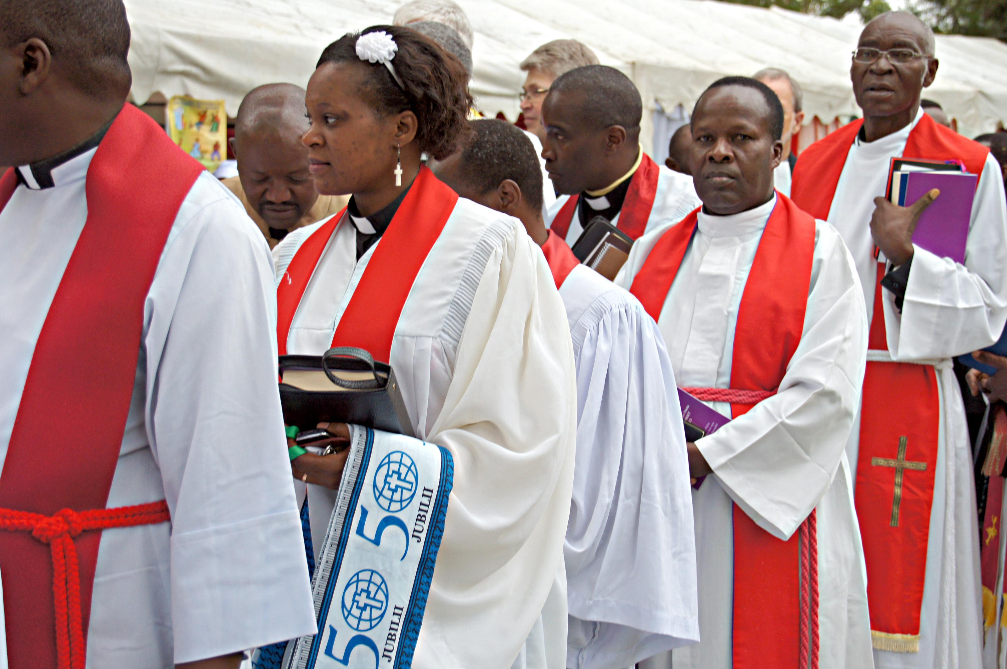 Pastors from the ELCT prepare for the procession preceding the worship service to mark the 50th anniversary of the church. Â© LWF/H. Martinussen