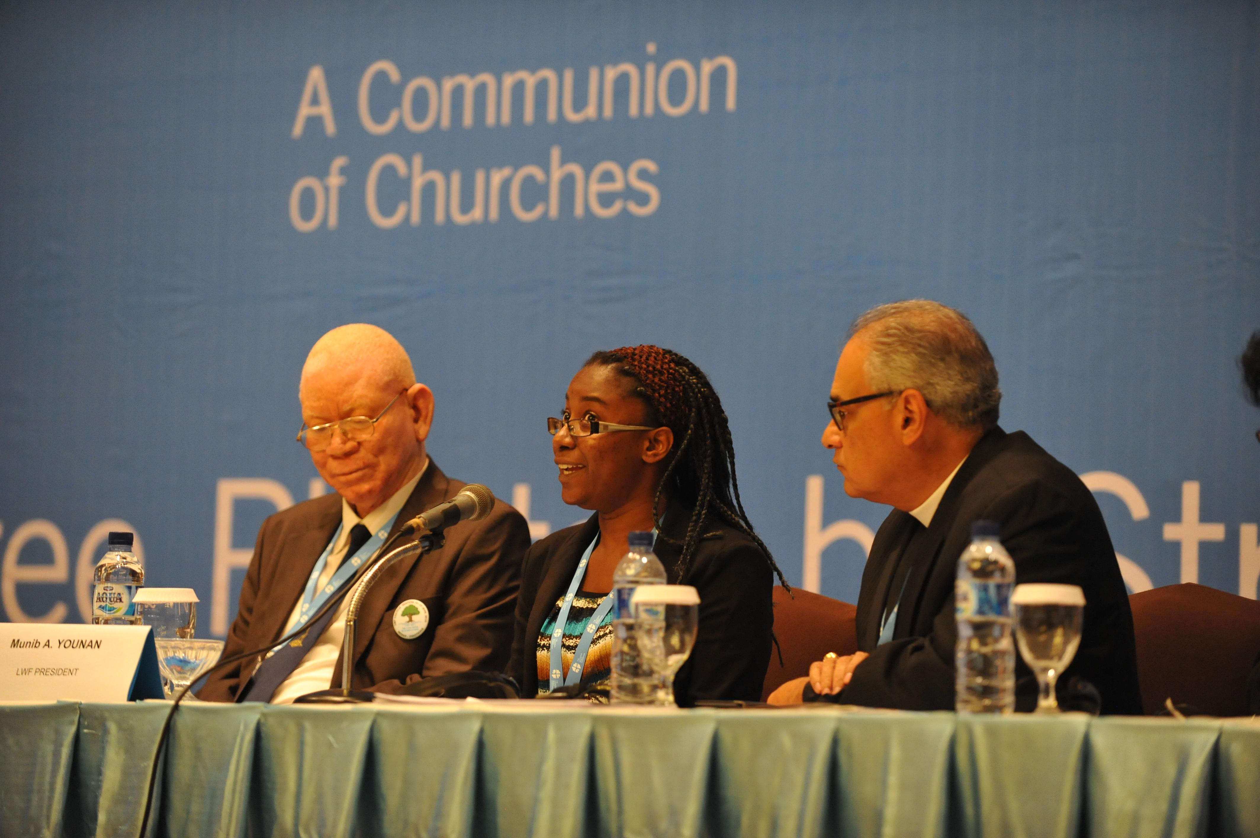 Danielle Dokman, Evangelical Lutheran Church in Suriname, speaks during the session on youth participation and intergenerational sharing at the 2014 LWF Council meeting. Photo: LWF/M. Renaux
