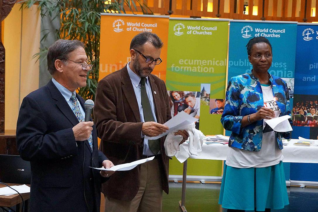 LWF Assistant General Secretary Mr Ralston Deffenbaugh (left) speaks at the Ecumenical Center launch of the 