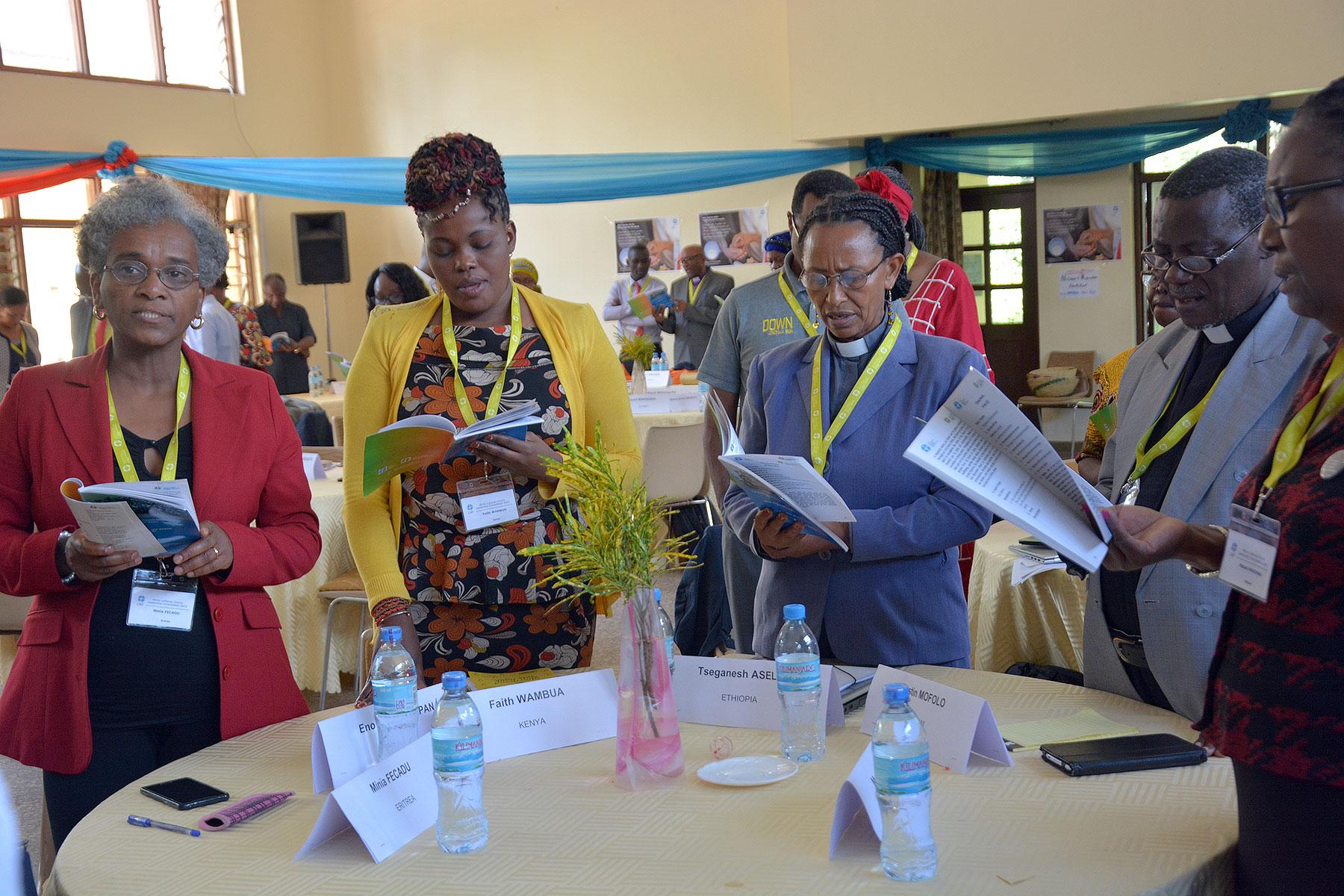 Delegates during the ALCLC, From left: Ms Minia Fecadu, Evangelical Lutheran Church of Eritrea; Ms Faith Wambua, Kenya Evangelical Lutheran Church; Rev. Seganesh Ayele Asele, The Ethiopian Evangelical Church Mekane Yesus, Rev. Justin Mofolo and Ms Mabel Madinga, Evangelical Lutheran Church in Malawi.