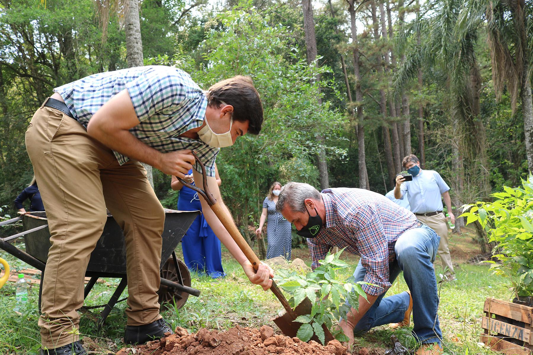Coordinator of Crece Selva Misionera, Romero Dohmann plants a tree at the IERP Congregation San Juan Eldorado during the launch of a diaconal mission to reforest the region with 180 thousand trees. Photo: Prensa Barreto/IERP