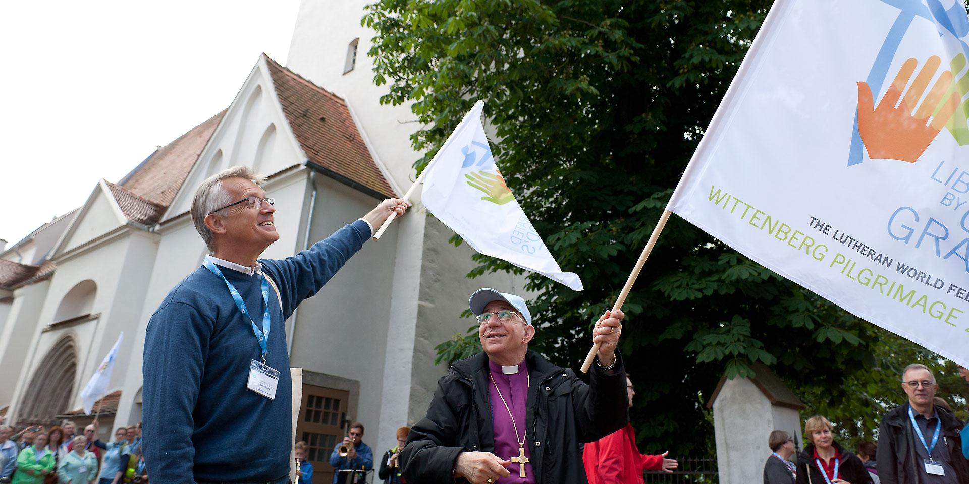 Liberated by God's Grace â Wittenberg Pilgrimage 2016. LWF General Secretary Martin Junge and LWF President at the beginning of the pilgrimage in front of the St. Nikolai Church in Coswig. Photo: LWF/Marko Schoeneberg