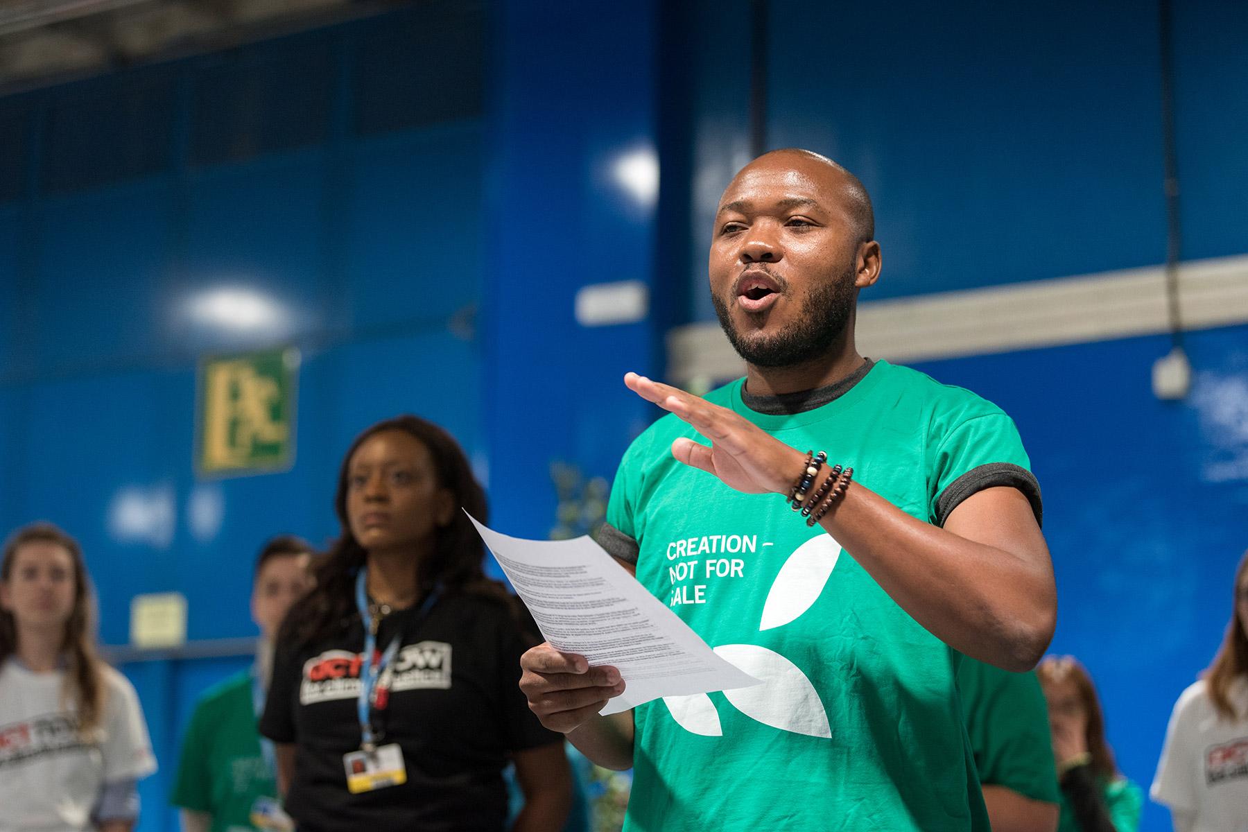 LWF Council member Khulekani Sizwe Magwaza advocating for climate justice during COP25 in Madrid, Spain, in 2019. Photo: LWF/Albin Hillert
