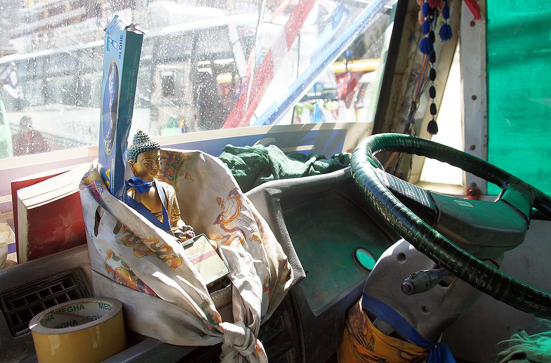 Buddha on the dashboard in a Nepali bus. Photo: LWF/ C. KÃ¤stner