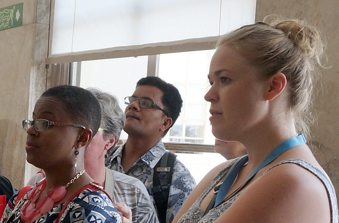 Marta Spangler, right, with workshop participants during a visit to the UN Geneva office. Photo: LWF/E. Neuenfeldt