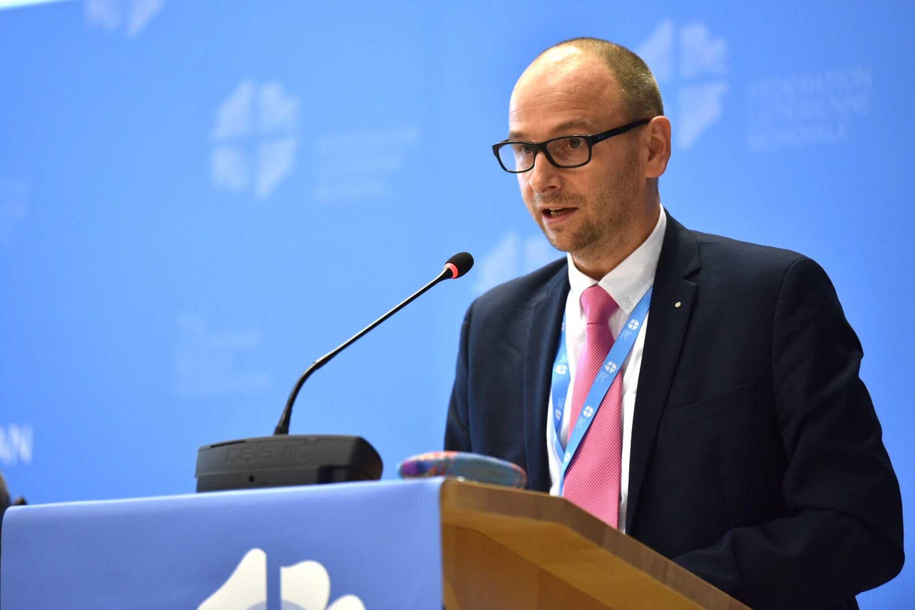 Report of the LWF finance committee chairperson Oberkirchenrat Olaf Johannes Mirgeler at the Council 2018 in Geneva. Photo: LWF/Albin Hillert