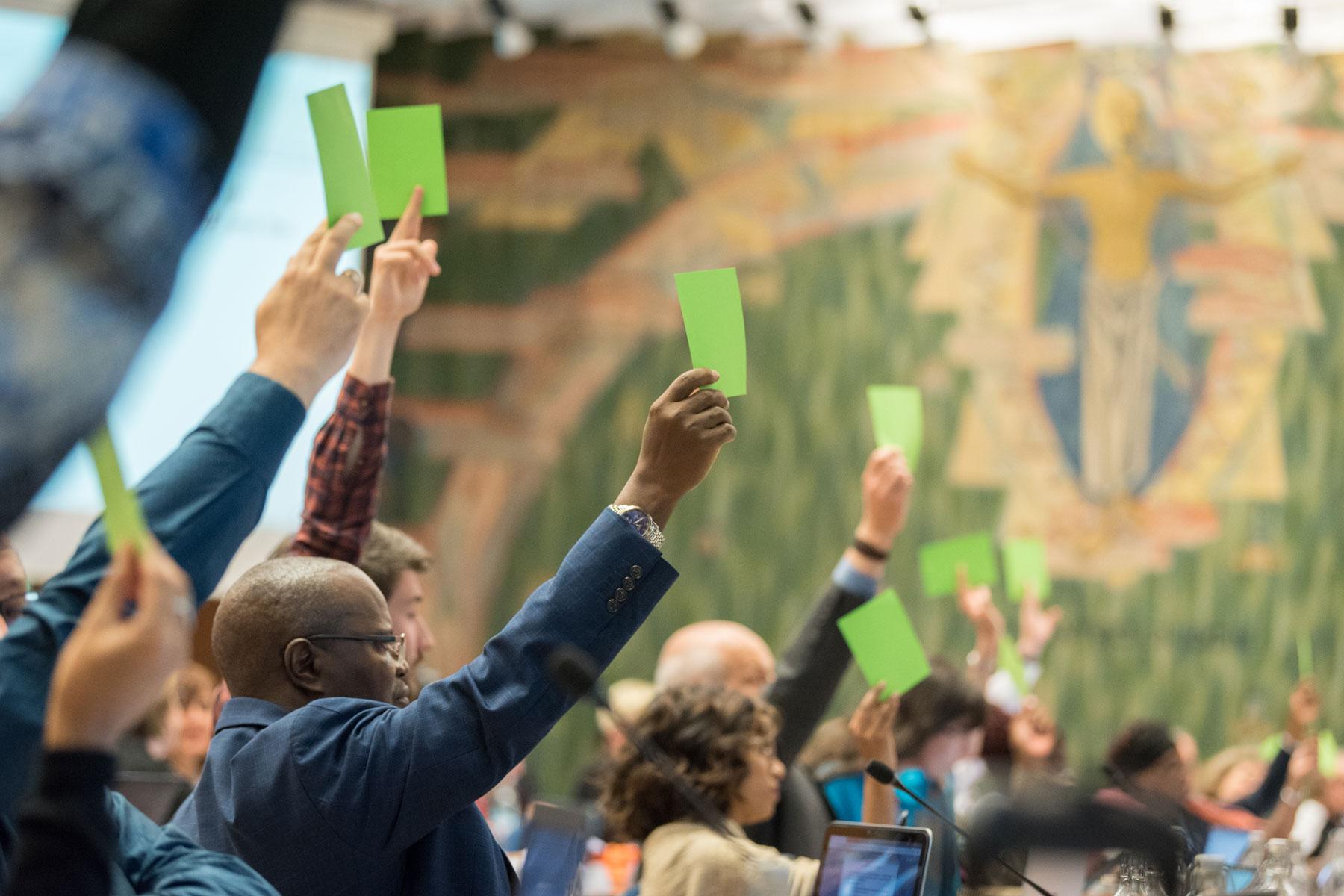 Council members voting on a new structure for the LWF Communion Office. Photo: LWF/Albin Hillert