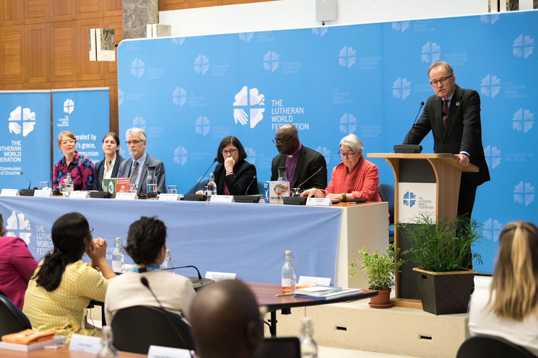Director General of the United Nations Office at Geneva, Michael MÃ¸ller addresses the launch of the Waking the Giant self-assessment tool on 17 June. Photo: LWF/A.Hillert