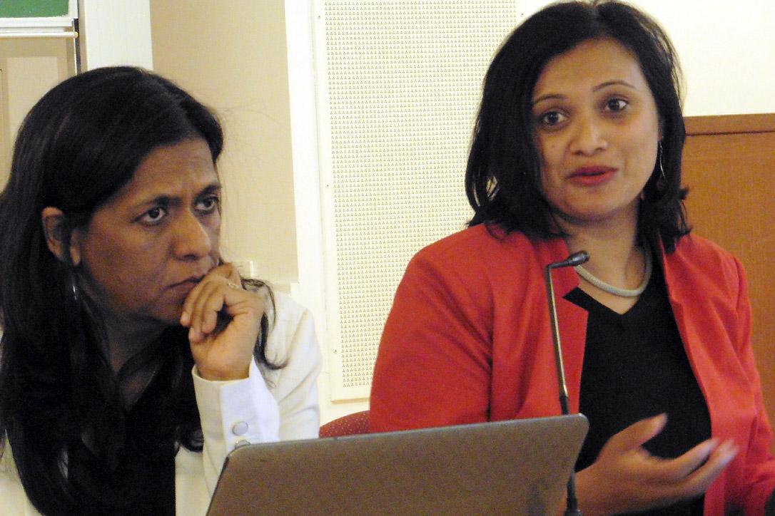 Dr Fatima Seedat (left) and Prof. Sarojini Nadar at the conference which explained how patriarchy and its implications for violence against women has become part of teaching scriptural hermeneutics together in a Christian-Muslim classroom at the University of KwaZulu-Natal, South Africa. Photo: LWF/S. Sinn