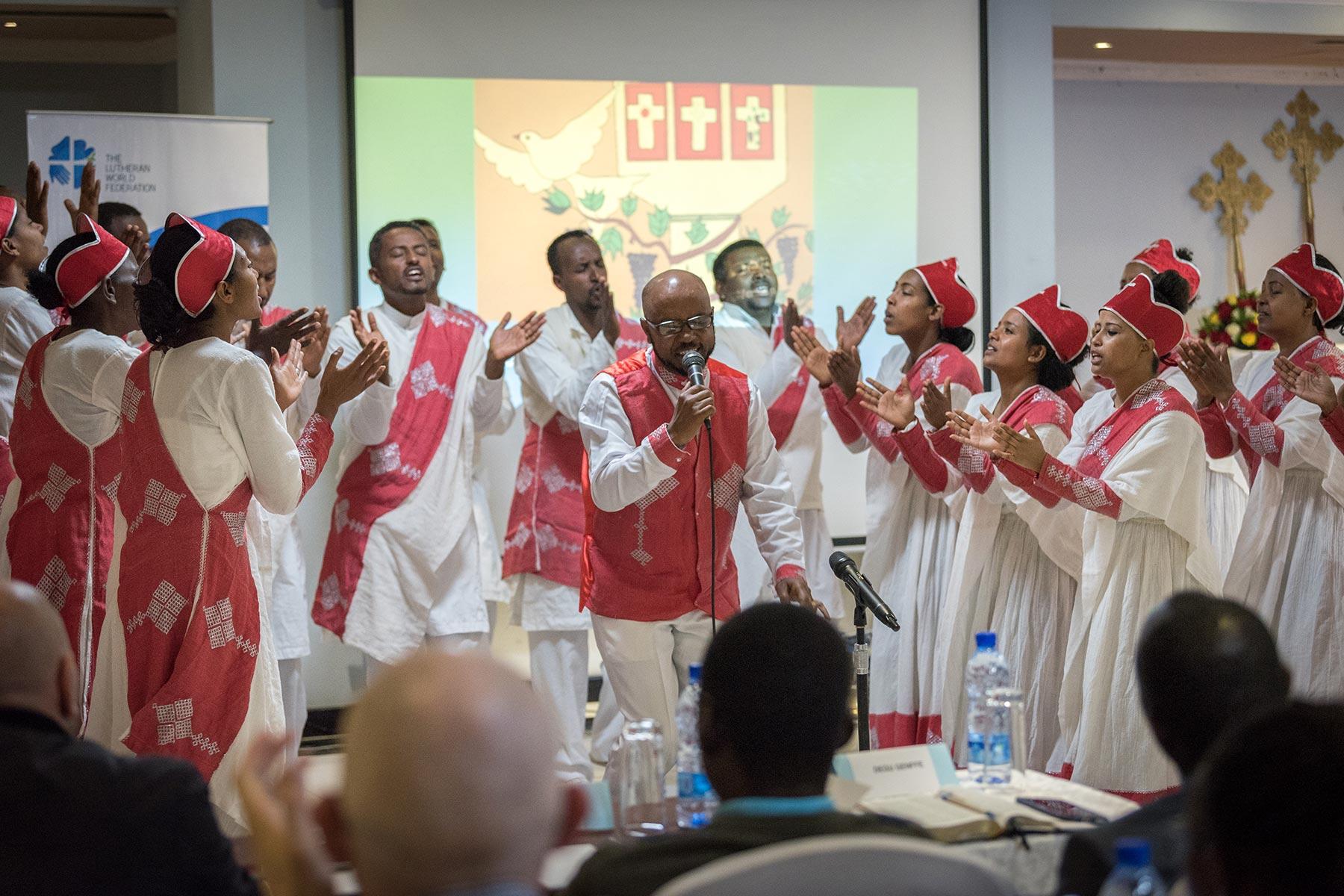 A vibrant performance by the Yetsedik Tsehay choir of the Ethiopian Evangelical Church Mekane Yesus set the stage, as the consultation âWe believe in the Holy Spirit: Global Perspectives on Lutheran Identities'Â  opened. Photo: LWF/Albin Hillert