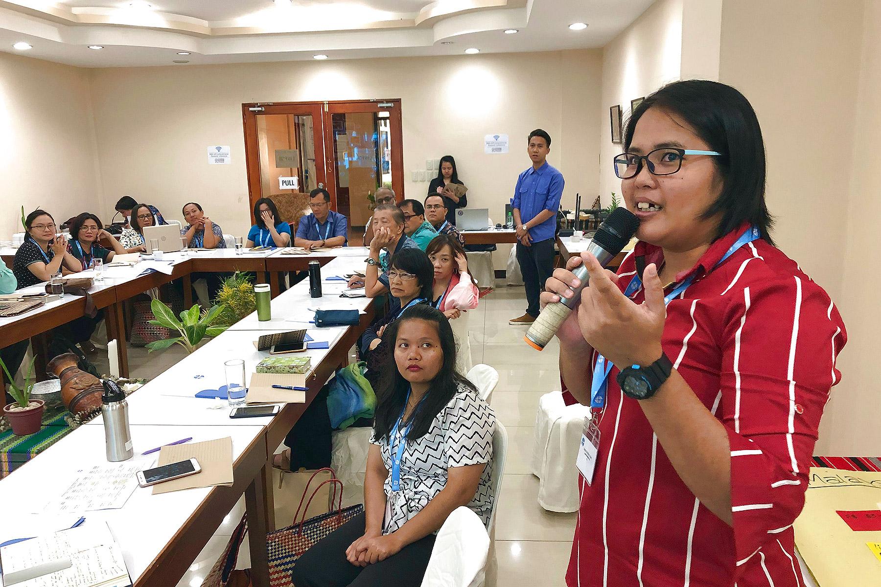 A workshop, hosted by the Lutheran Church in the Philippines, to enhance capacities for diakonia in the South-East Asian region. Jenet Mogimbong, diaconal worker from Malaysia, talks about her churchâs kindergarten project. Photo: LWF/M. DÃ¶lker
