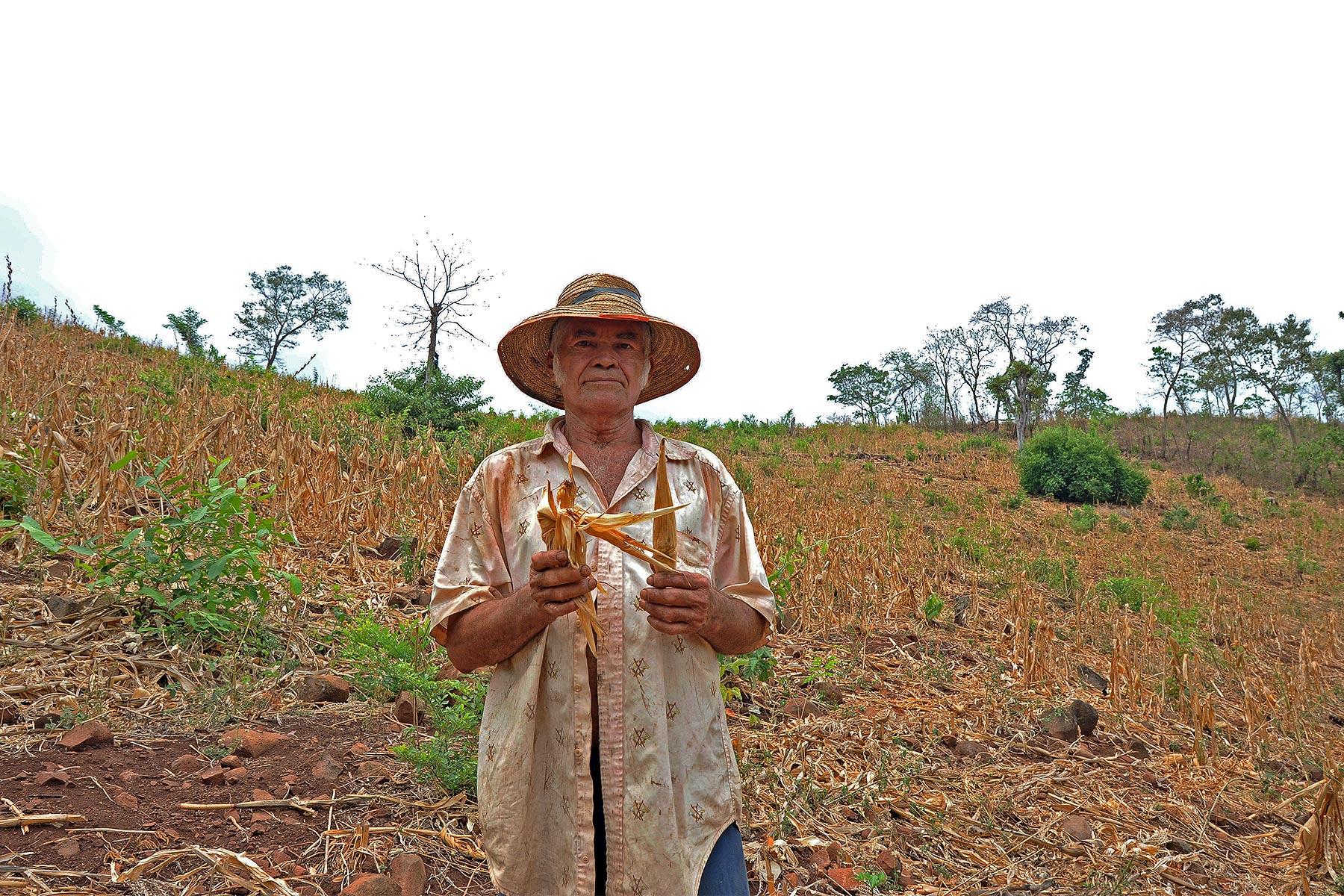 Ein Landwirt in El Salvador zeigt die Auswirkungen einer langanhaltenden Dürre auf seine Maisernte. LWB/C. Kästner