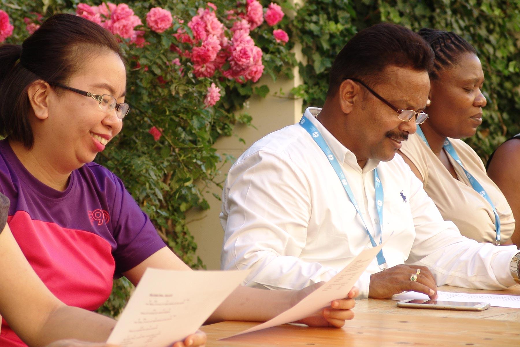 From left: Lay leaders Quelen Angudampai (Malaysia), Manoj Kumar Hial (India) and Mildred Buyiswa Sambane (South Africa) participated in the June 2019 seminar in Wittenberg, Germany. Photo: LWF Center Wittenberg