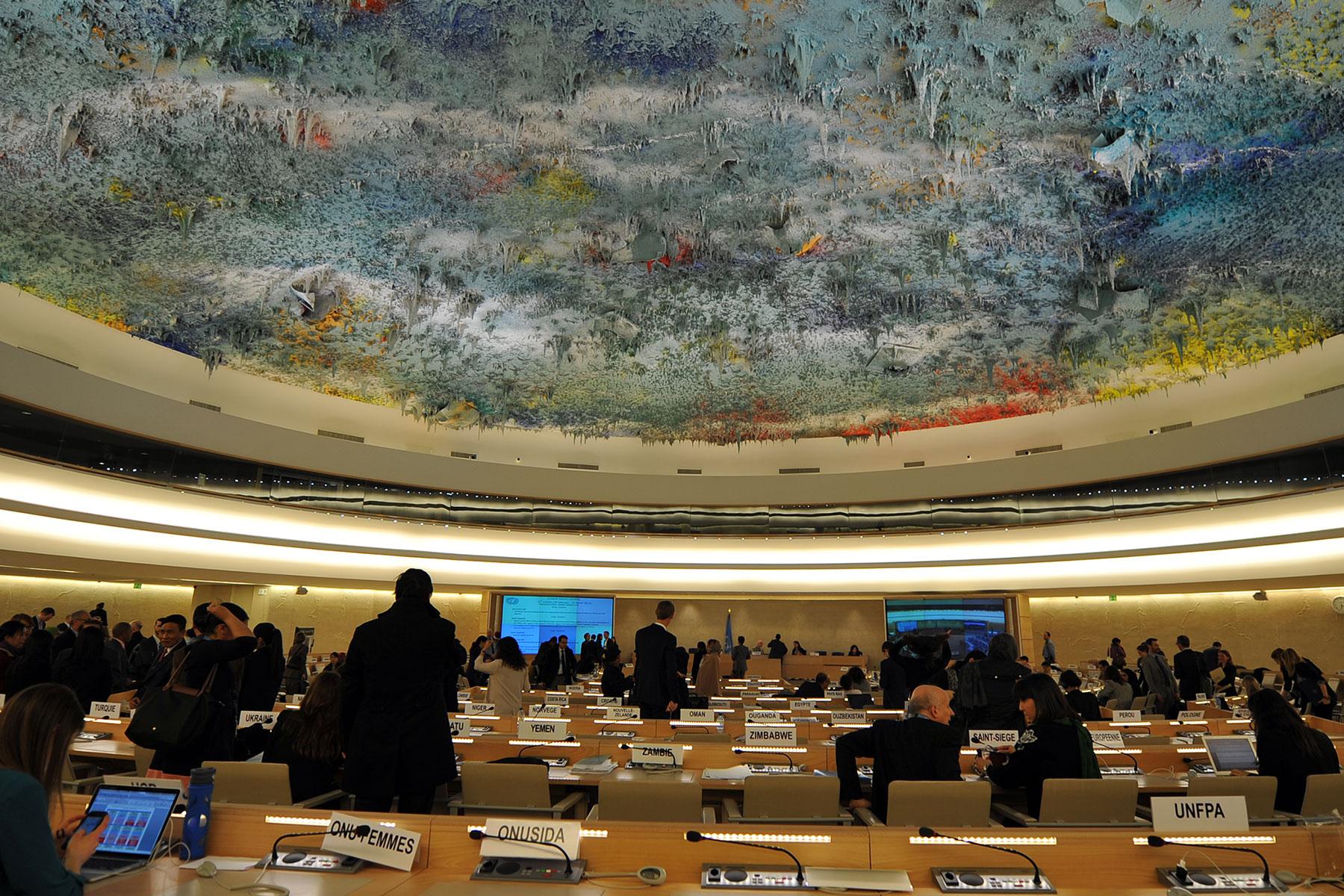 Ceiling of the UN Human Rights Council, by Spanish painter Miquel BarcelÃ³. Photo: LWF/C. KÃ¤stner