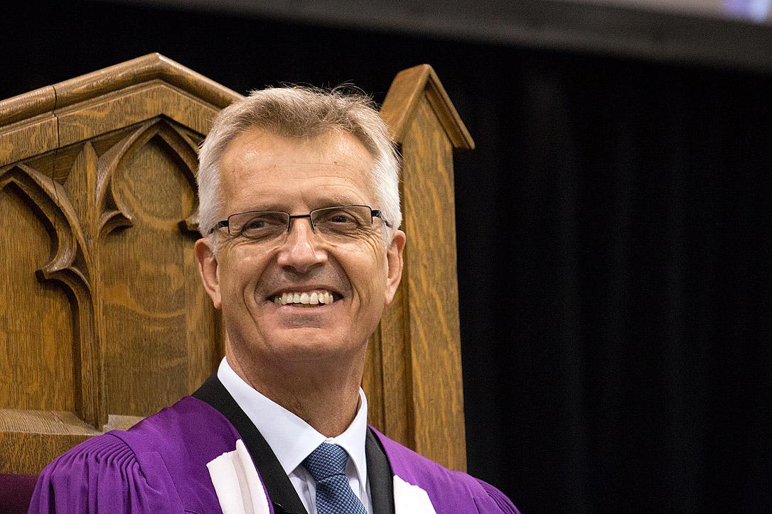  LWF General Secretary Rev. Dr Martin Junge smiles during the afternoon convocation ceremony at Wilfrid Laurier University in Waterloo, Ontario, Canada, during which he received an Honorary Doctor of Divinity degree. Photo: Waterloo Lutheran Seminary