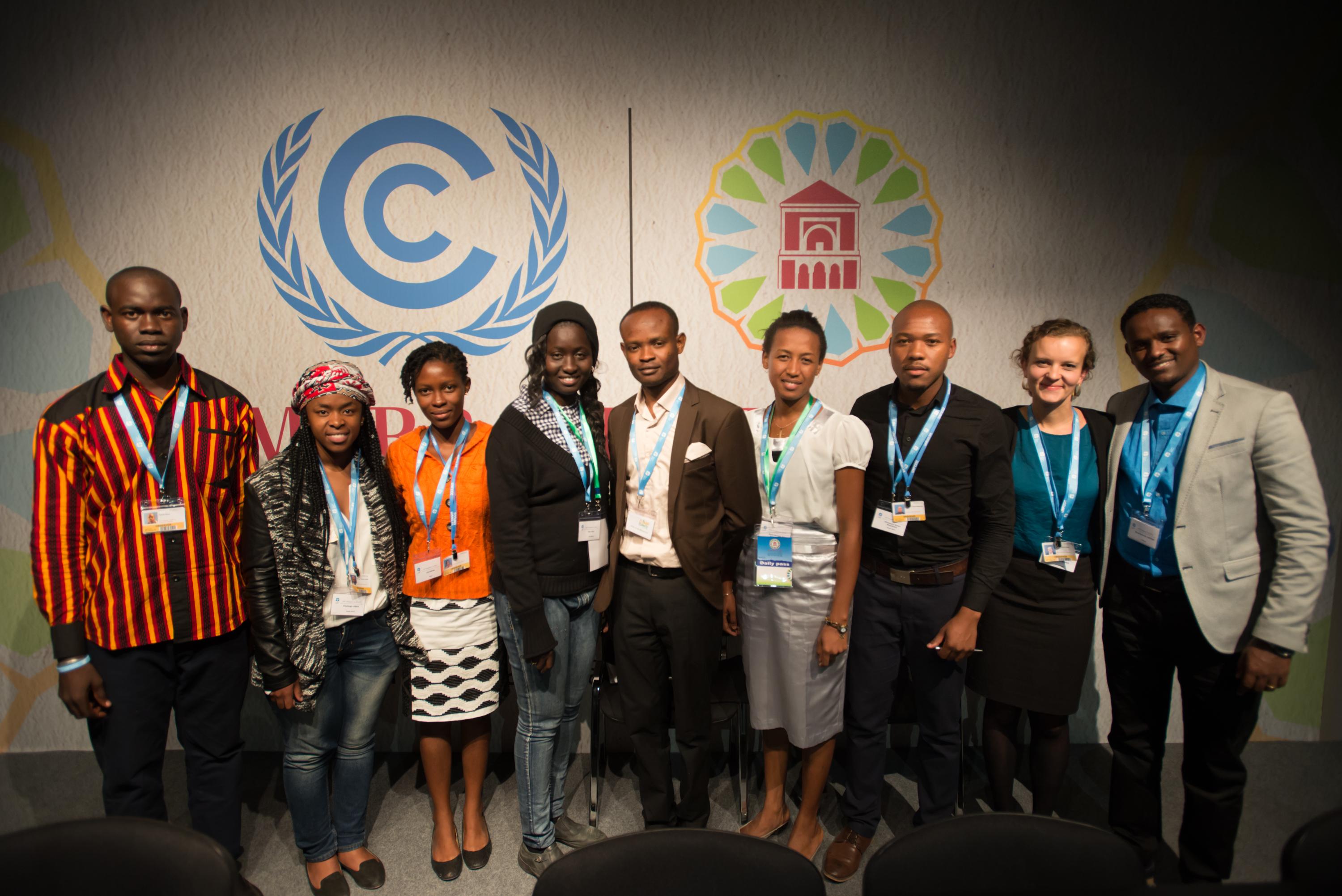 The LWF youth delegation to the COP22 UN climate conference in Marrakech, Morocco. (l-r) Pascal Kama, The Lutheran Church of Senegal; Ditebogo Caroline Lebea, Evangelical Lutheran Church in Southern Africa, South Africa; Lily Kwaw, Evangelical Lutheran Church of Ghana; Mari Oumar Sall, LWF World Service Mauritania; CÃ©drick Yumba Kitwa, Evangelical Lutheran Church in Congo; Mami Brunah Aro Sandaniaina, Malagasy Lutheran Church, Madagascar; Khulekani Sizwe Magwasa, Evangelical Lutheran Church i