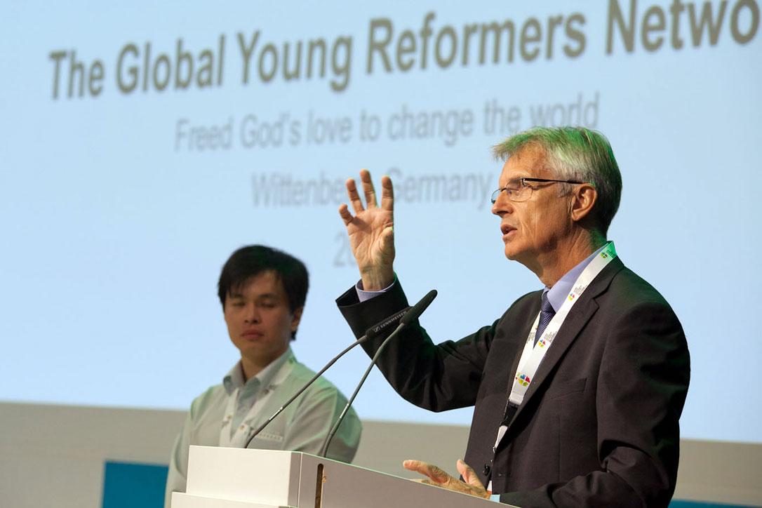 LWF General Secretary Rev. Dr Martin Junge tells young reformers at Wittenberg to live out Godâs call for mission and service in the world. Photo: LWF/Marko Schoeneberg 