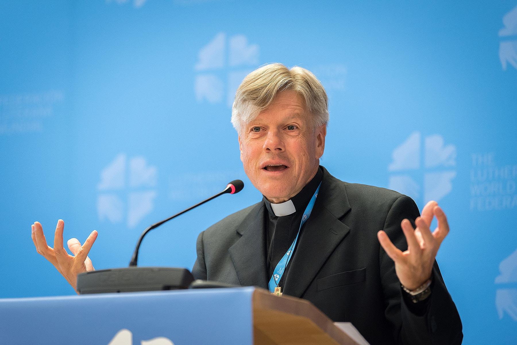 Msgr Matthias TÃ¼rk, outgoing head of the Lutheran Catholic desk at the Pontifical Council for the Promotion of Christian Unity, addresses participants at the LWF Council meeting in June 2018. Photo:Albin Hillert/LWF